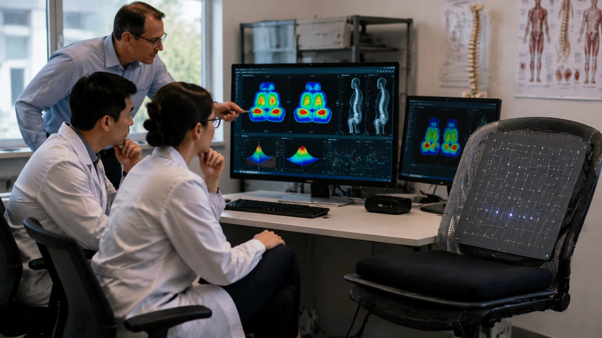 Researchers reviewing study data
