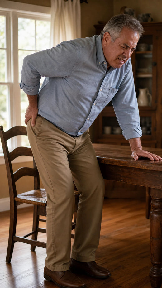 Getting up from a chair takes a brace and a deep breath.