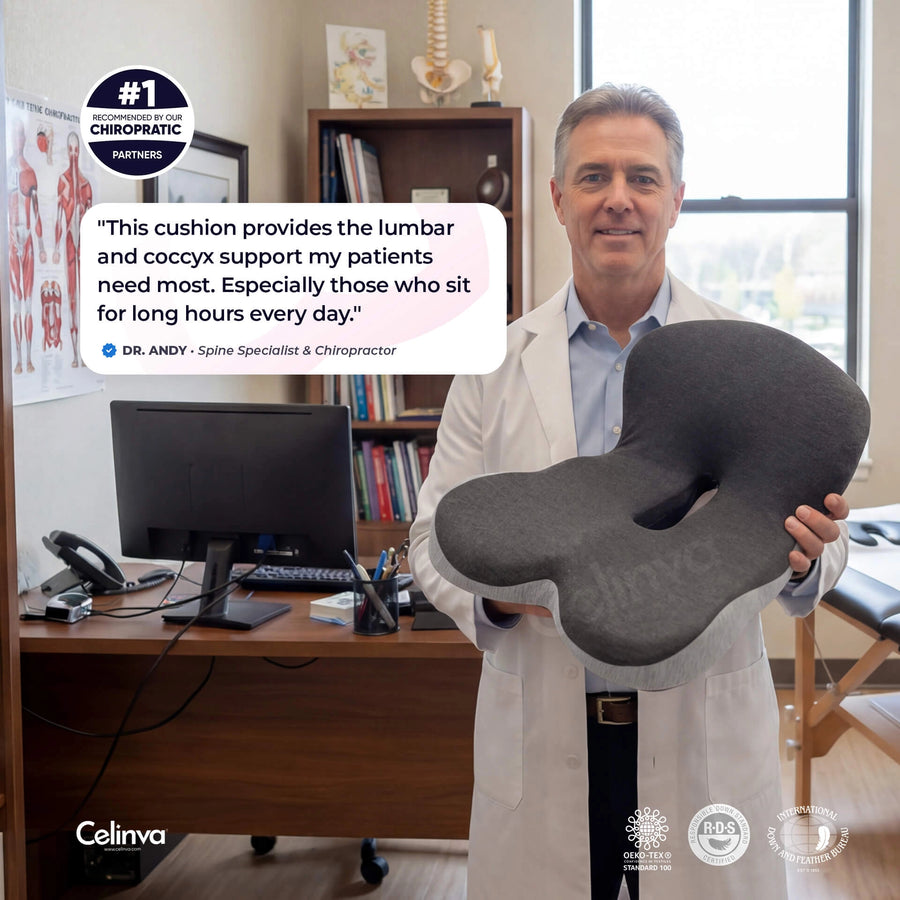 Dr. Andy Miller, spine specialist and chiropractor, recommending the Celinva orthopedic cushion in his clinic