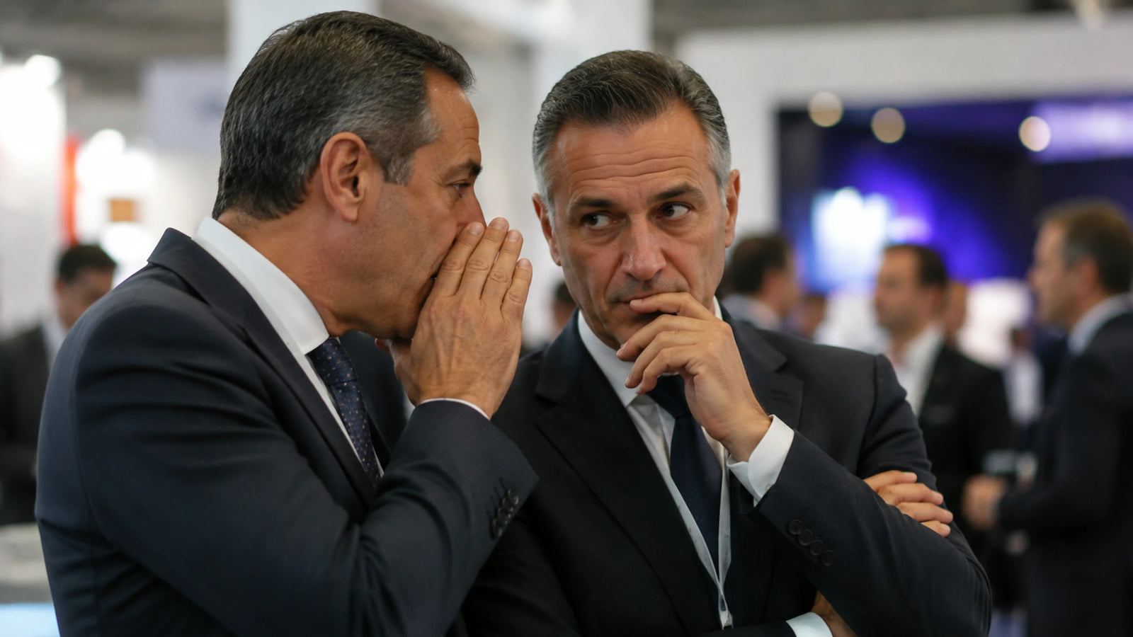Two people talking at a trade show