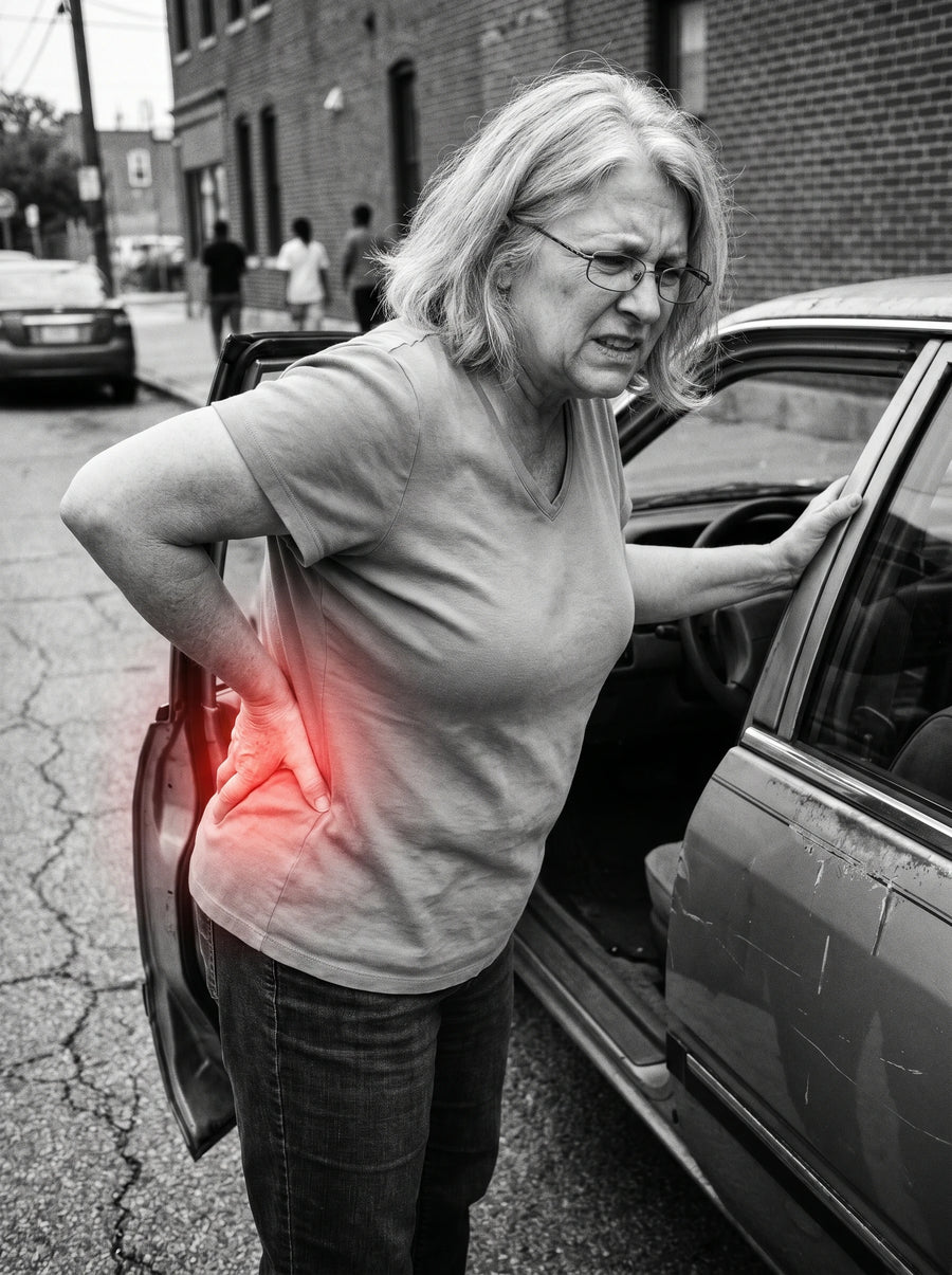 Driver stuck in traffic with lower back pain gripping the wheel