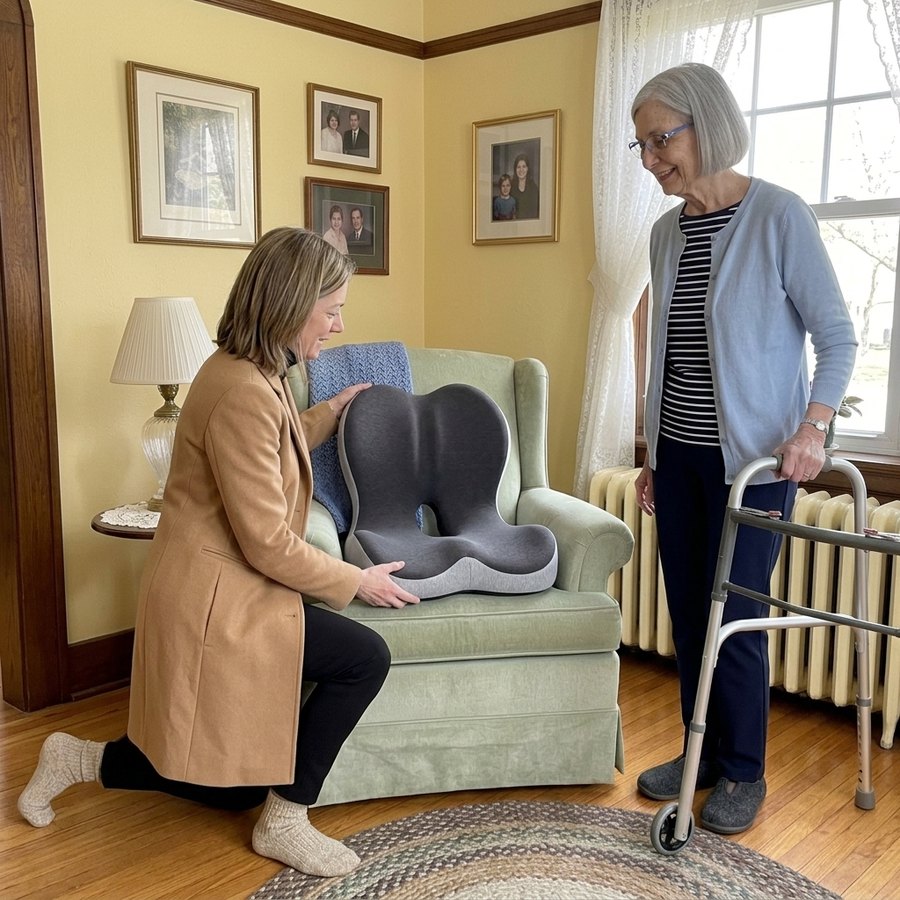 A daughter setting the CELINVA cushion in her mother’s armchair