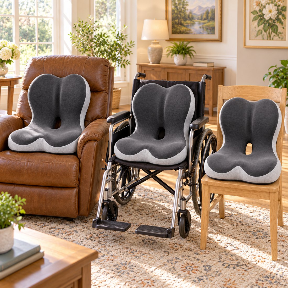 CELINVA cushions on a recliner, a wheelchair and a dining chair