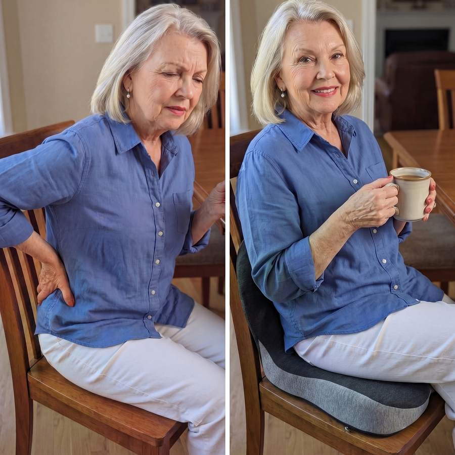 Before and after: woman with lower back pain, then sitting comfortably on the Celinva cushion