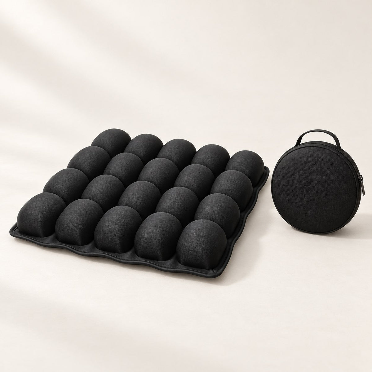 Celinva travel cushion shown with its round carry pouch
