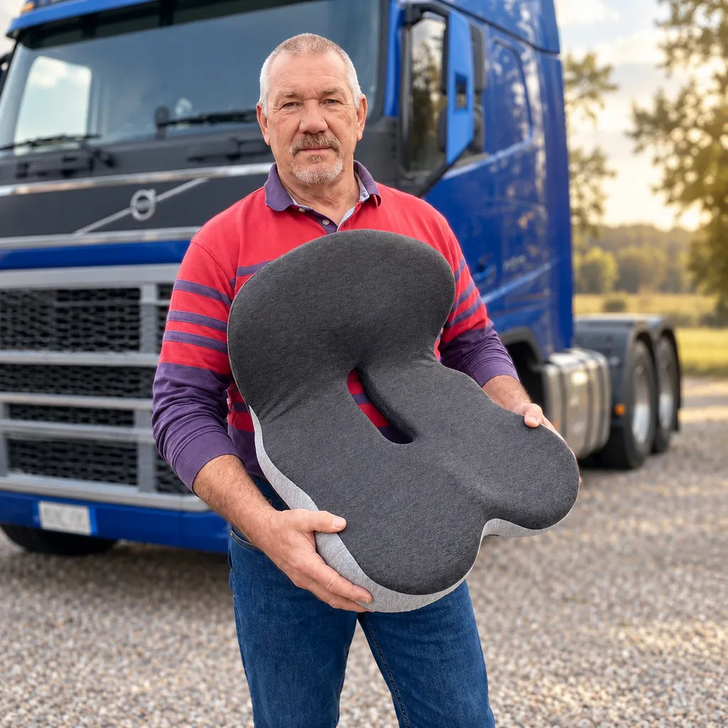 Illustrative regenerated portrait of a driver holding CELINVA beside a parked truck.