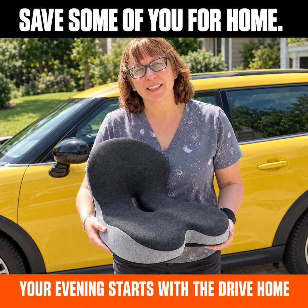 Generated unique woman holding the correct CELINVA cushion beside a parked car.