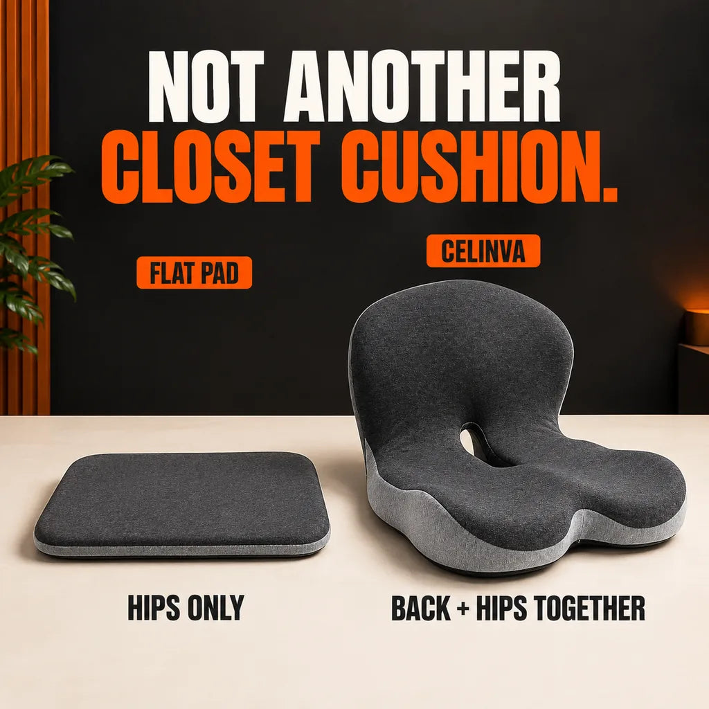 Generated photographic comparison of a generic flat pad and the full connected CELINVA cushion.