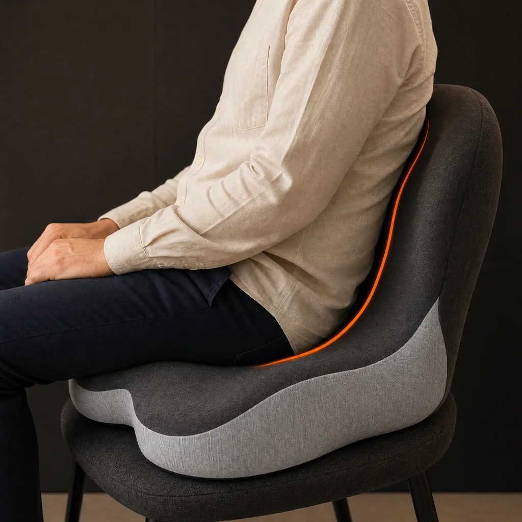 Side view of the CELINVA cushion supporting a seated person behind the lower back and under the hips.