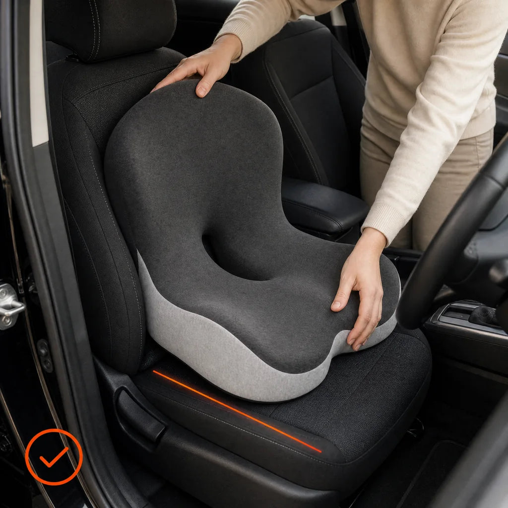 Hands position the complete cushion fully back on a parked car seat.
