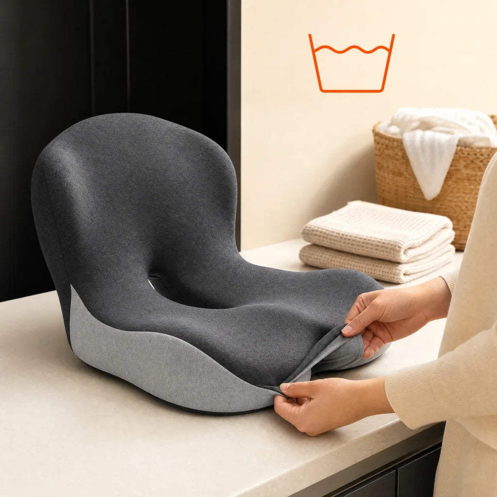 Hands lift the edge of the removable cover beside a laundry basket and folded towels.