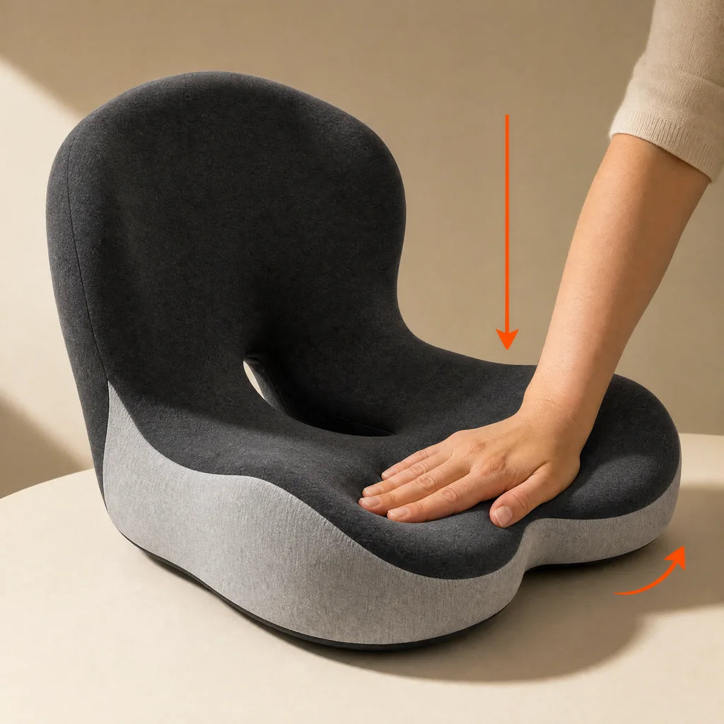 An open hand presses gently into the shaped cushion seat to demonstrate support under load.