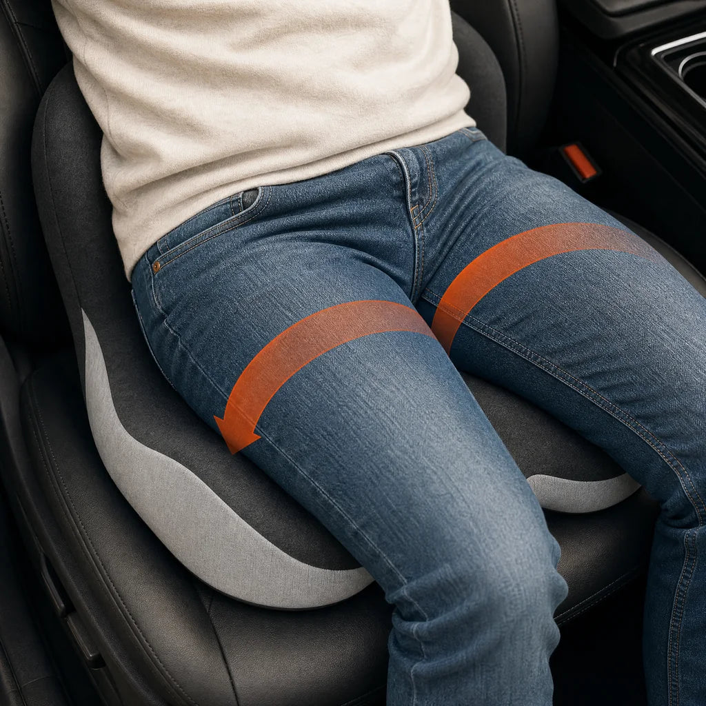 The contoured cushion supports seated hips and thighs, with illustrative load-distribution arrows.