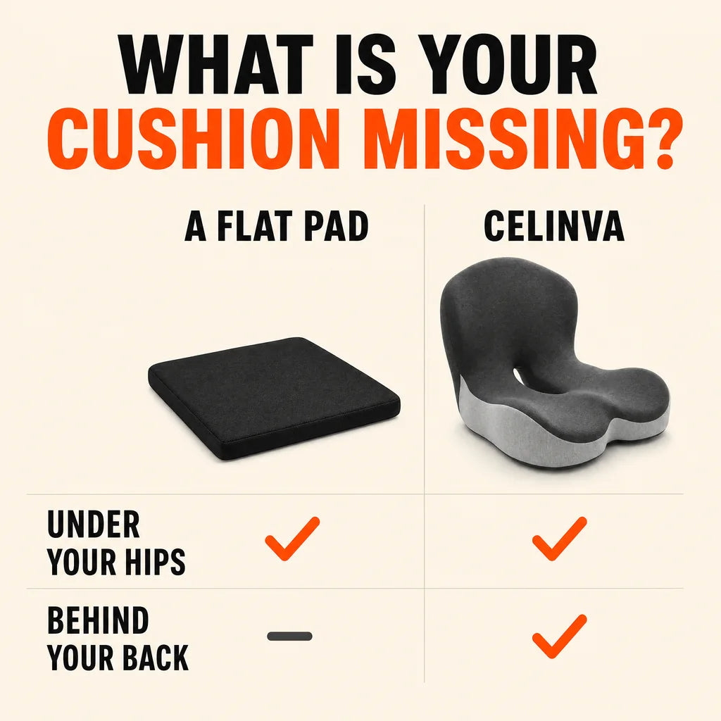 Basic support-category comparison: a flat pad under the hips versus CELINVA supporting hips and back.
