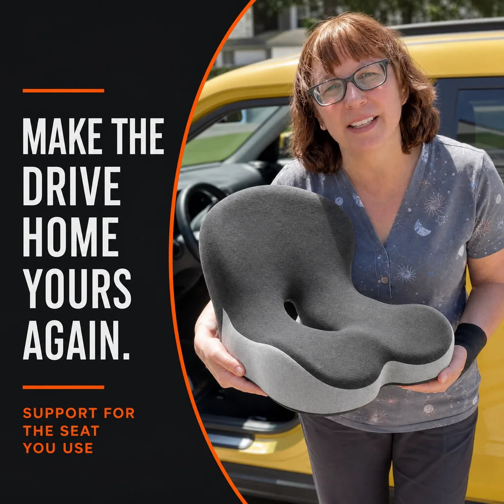 Illustrative woman holding CELINVA beside a parked car, focused on the everyday drive home.