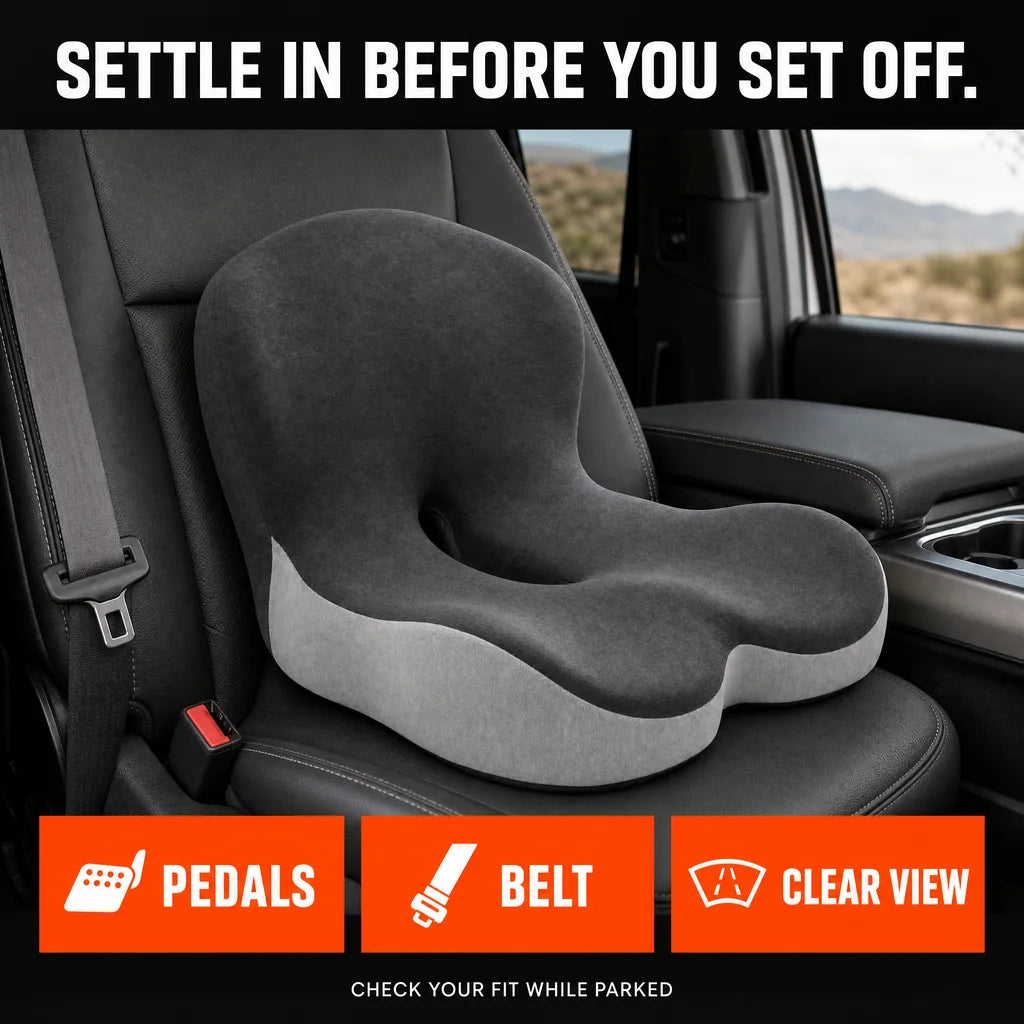 Correct installed cushion with a parked-seat fit checklist for pedal reach, seat belt and clear view.