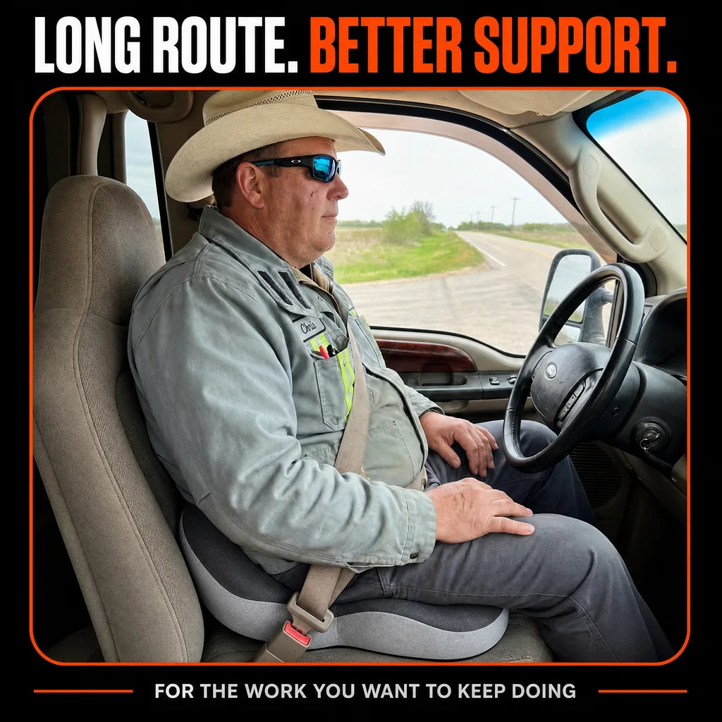 Illustrative long-haul driver seated with CELINVA in a parked cab.