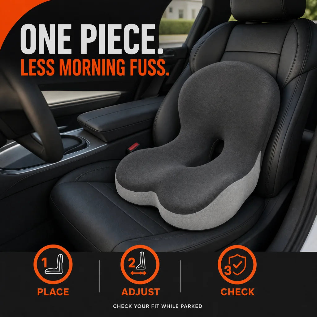 The correct CELINVA cushion installed in a parked car, with place-adjust-check setup instructions.