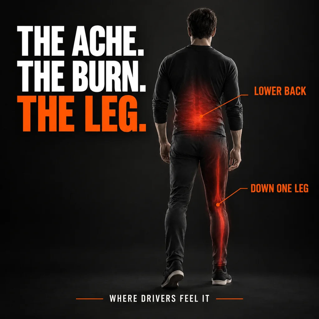 Conceptual illustration of lower-back discomfort and a shooting sensation down one leg; no treatment result shown.
