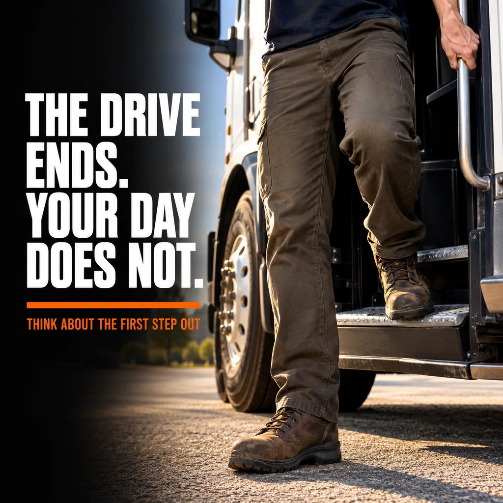 Illustrative lower-body view of a driver stepping out of a parked truck, connecting sitting support with the next part of the day.