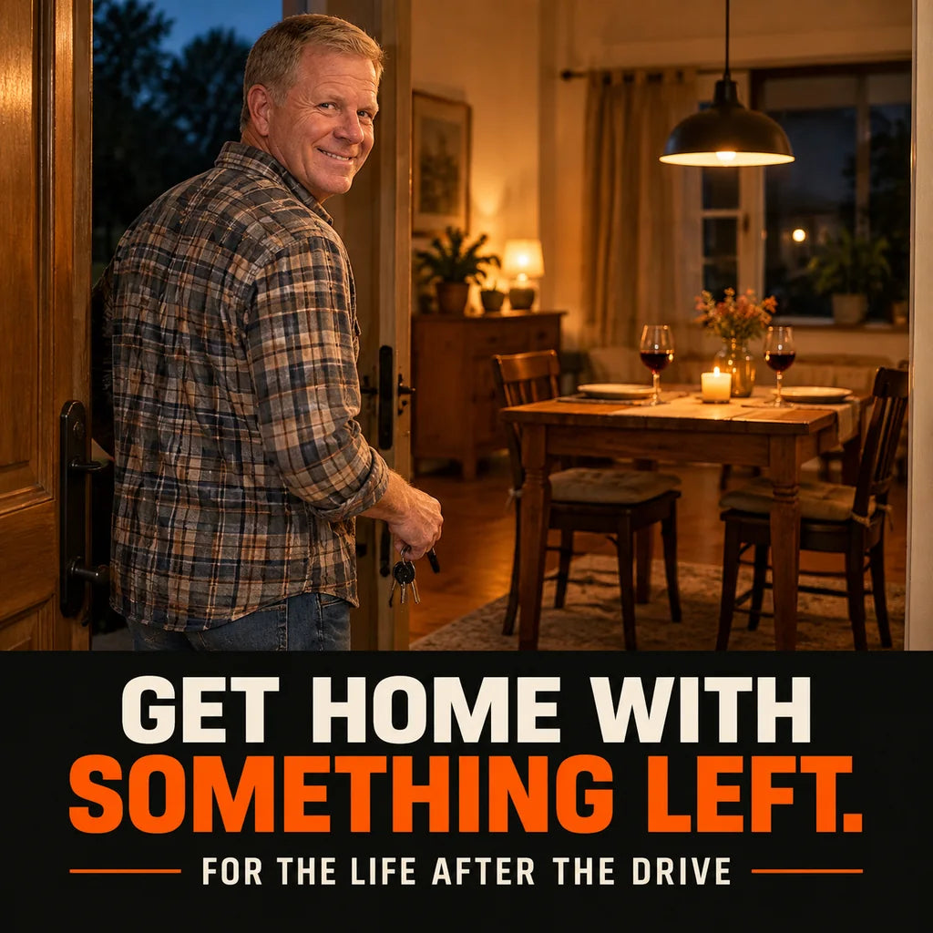 Illustrative driver arriving home with keys, looking toward dinner and the evening ahead.
