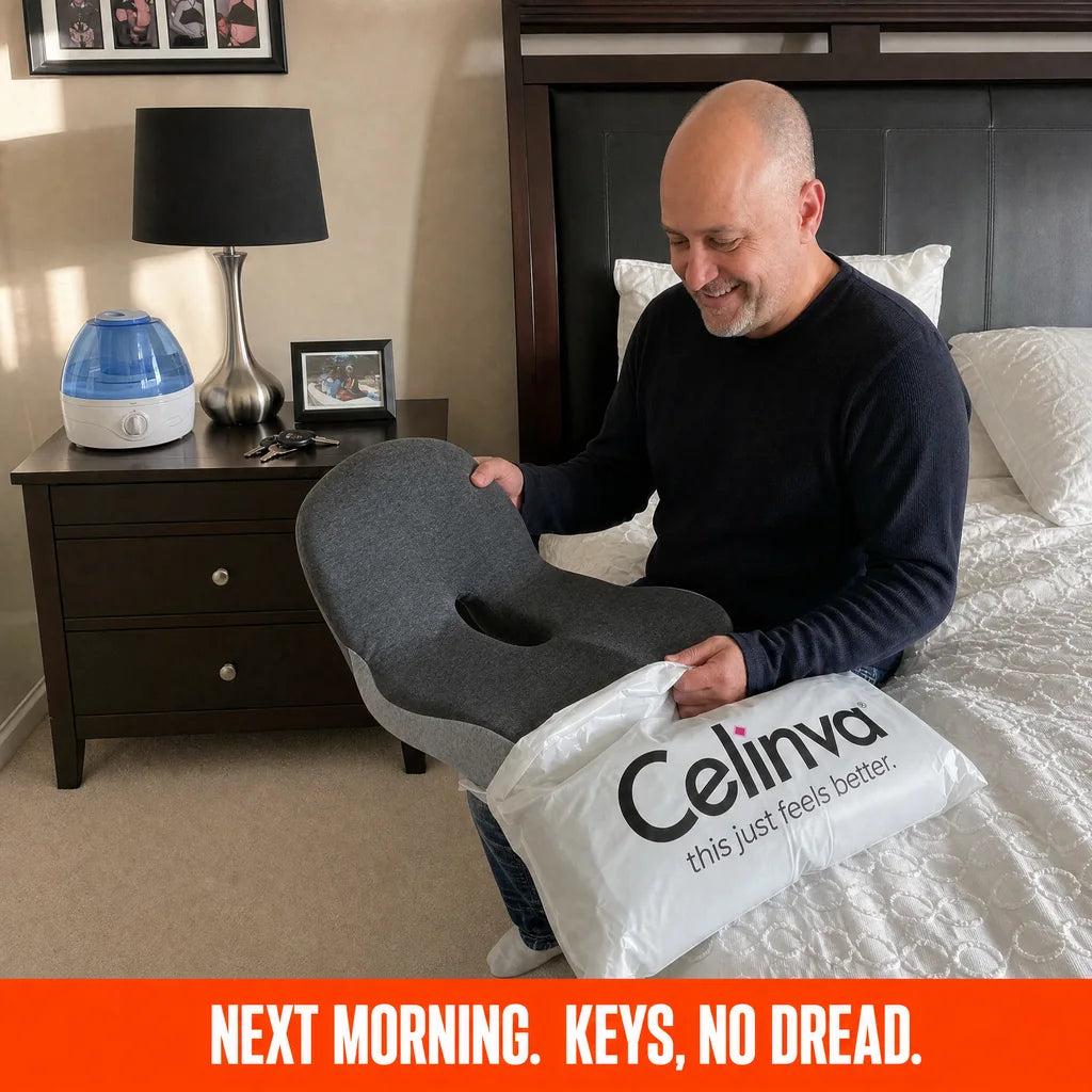 A man unboxing his CELINVA at home in morning light with truck keys on the nightstand: next morning, keys, no dread.