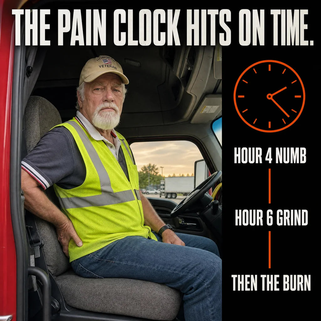 Driver in a parked truck cab with a hand pressed to his lower back, beside a pain clock: hour 4 numb, hour 6 grind, then the burn.