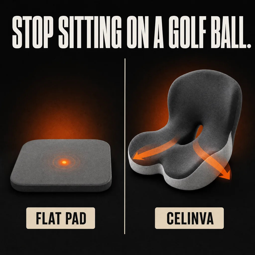 A flat seat pad with one glowing golf-ball-sized pressure point beside CELINVA spreading the load across both seat lobes.
