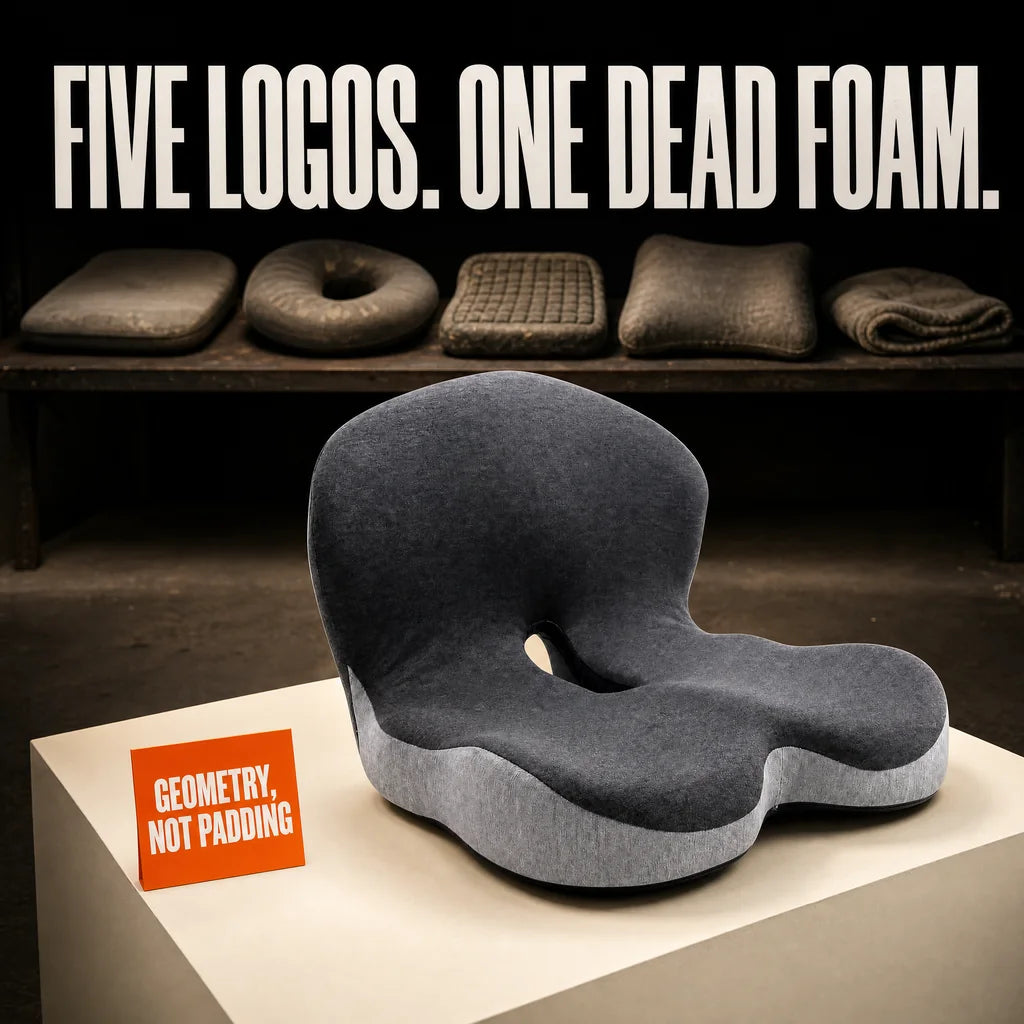 Five flattened generic cushions on a dusty shelf behind a crisp upright CELINVA: five logos, one dead foam.