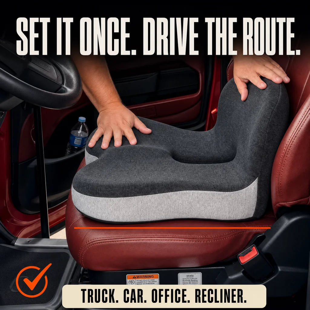 Hands resting on CELINVA set fully back on a truck driver seat: set it once, drive the route.